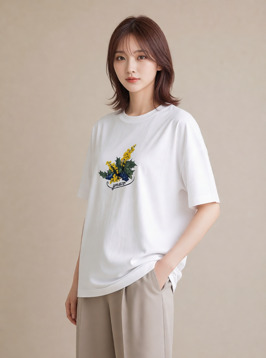 半袖Tシャツ レディース 金木犀 花 花柄 イラスト レトロ ペアコーデ 秋コーデ 白T