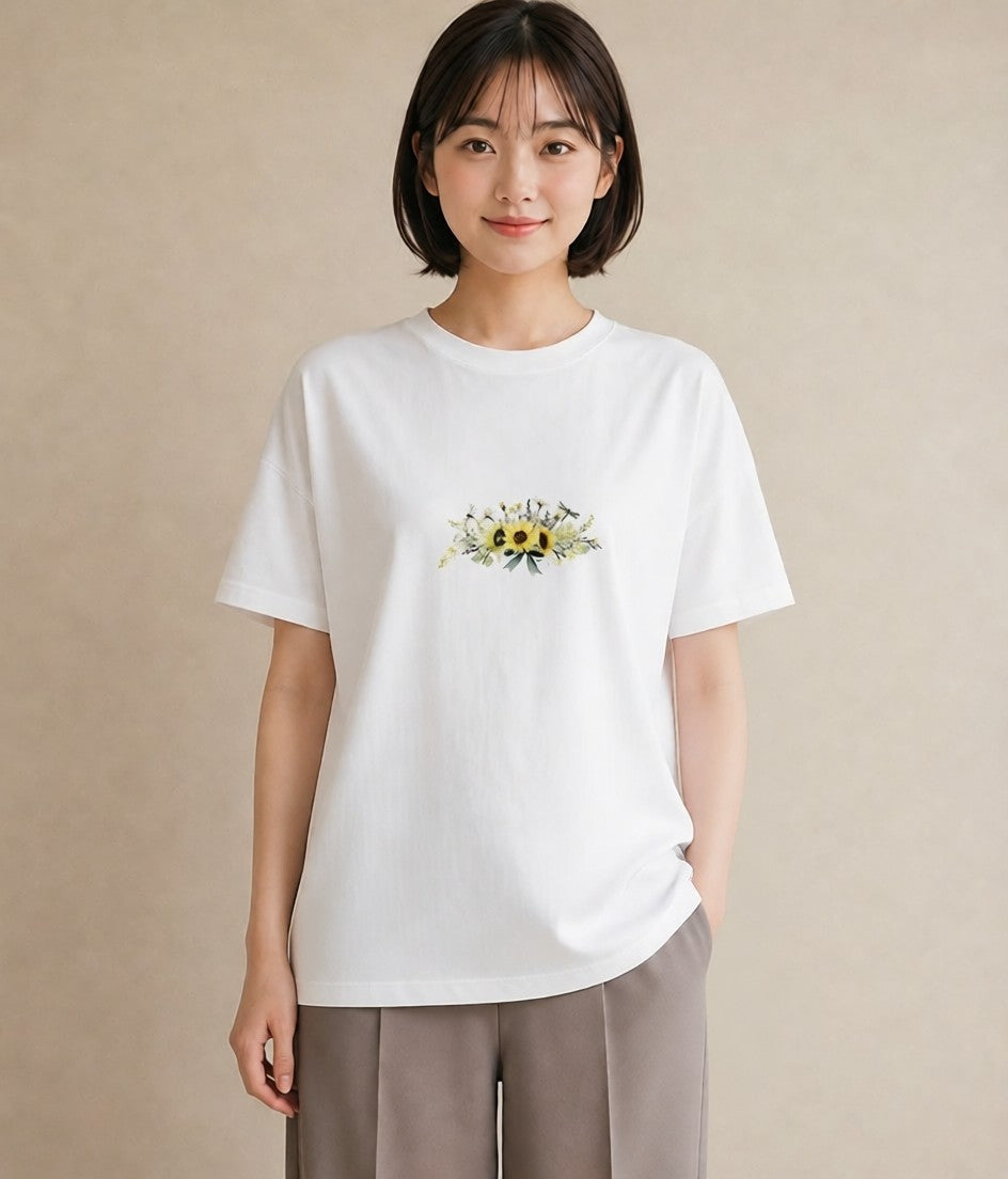 Tシャツ レディース ひまわり 向日葵 花 花柄 イラスト 可愛い 公園 ママ 白T