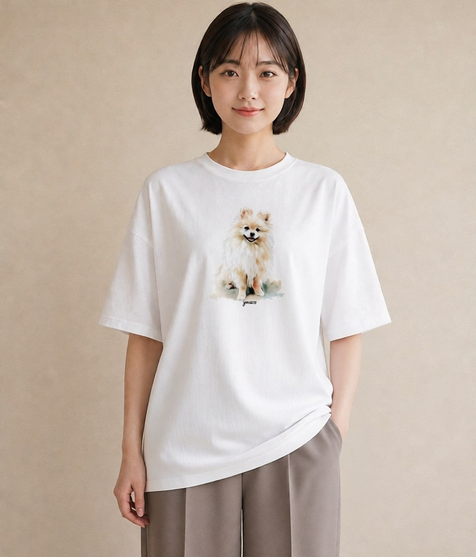 デザインTシャツ レディース ポメラニアン ポメ 犬 いぬ イラスト 韓国風 デイリーウェア 休日 白T
