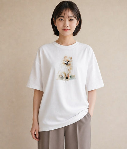 デザインTシャツ レディース ポメラニアン ポメ 犬 いぬ イラスト 韓国風 デイリーウェア 休日 白T