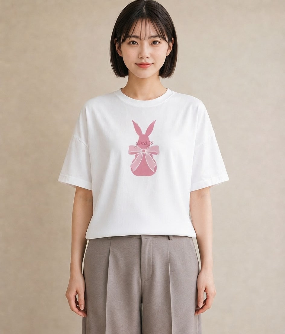 半袖Tシャツ レディース リボン 蝶結び ナチュラル アンティーク イラスト 水彩風 普段着 週末コーデ 白T