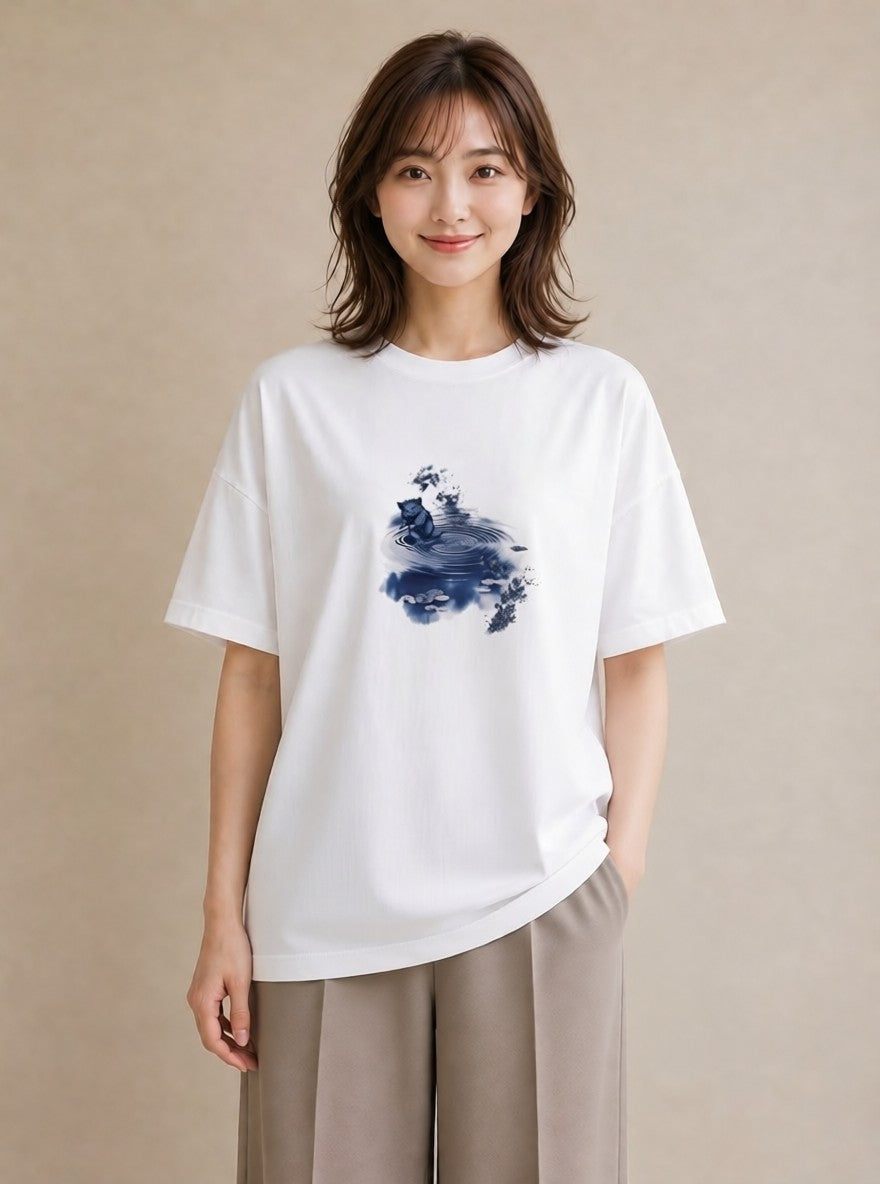 デザインTシャツ レディース 雨上がりの小道 雨上がり 小道 ナチュラル アンティーク イラスト 水彩風 カフェ服 クリスマス 白T