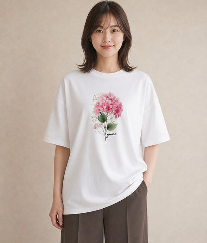 半袖Tシャツ レディース あじさい 紫陽花 アジサイ 花 花柄 イラスト シック 夏コーデ 通学 白T