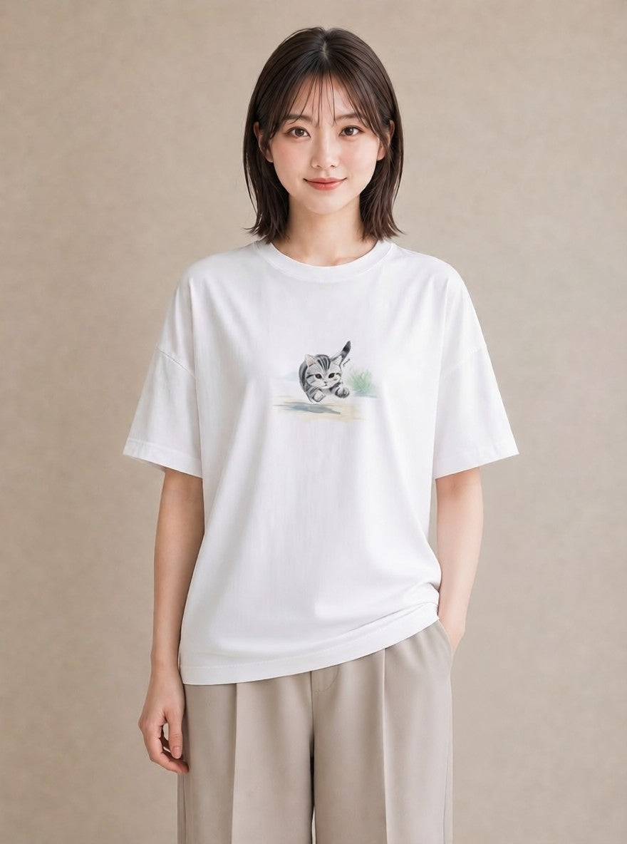 Tシャツ レディース 子猫 猫 ねこ イラスト 抜け感 散歩 お出かけ 白T