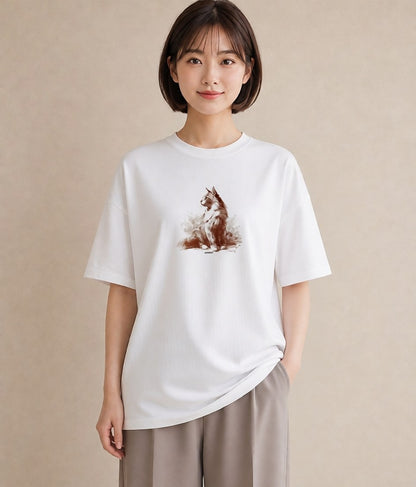 デザインTシャツ レディース 猫 ねこ イラスト 抜け感 通勤 在宅 白T