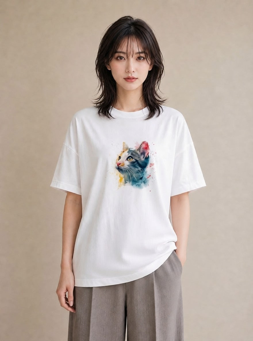 Tシャツ レディース ぶち猫 猫 ねこ イラスト 水彩風 お揃い 親子 白T