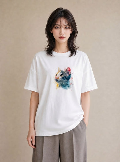 Tシャツ レディース ぶち猫 猫 ねこ イラスト 水彩風 お揃い 親子 白T