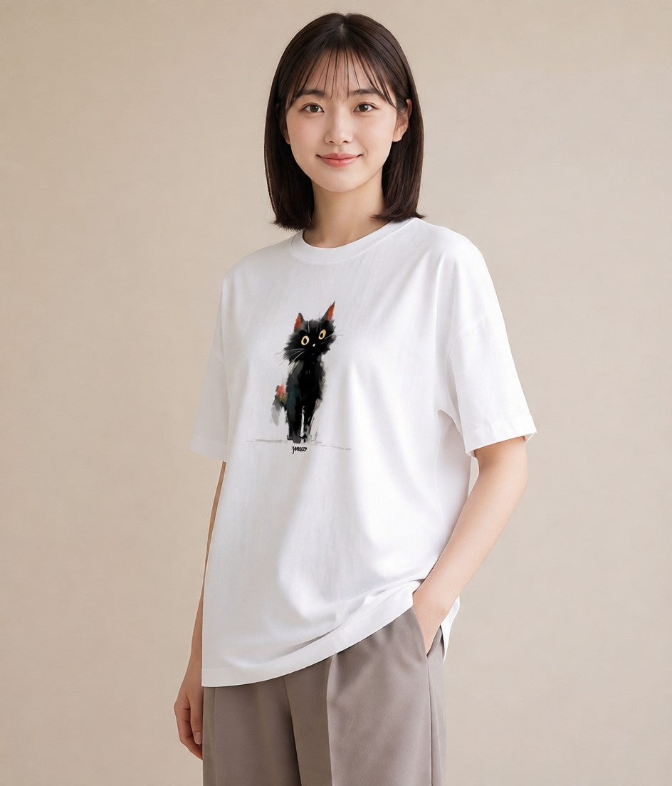 プリントTシャツ レディース ブリティッシュショートヘア 猫 ねこ イラスト ラフカジュアル デイリーウェア 休日 白T