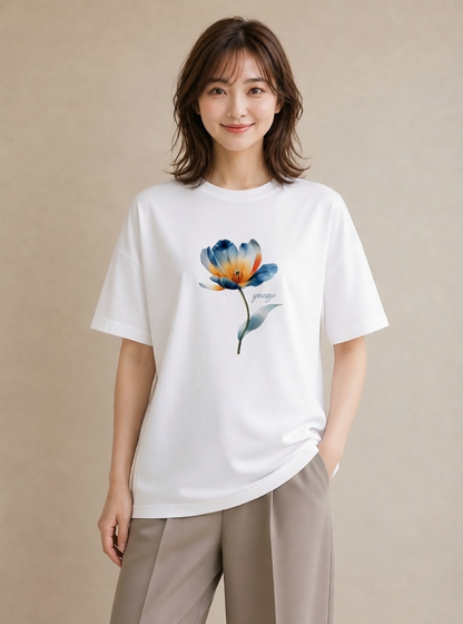 デザインTシャツ レディース ゆり 百合 花 花柄 イラスト アート風 レイヤード 友達ギフト 白T