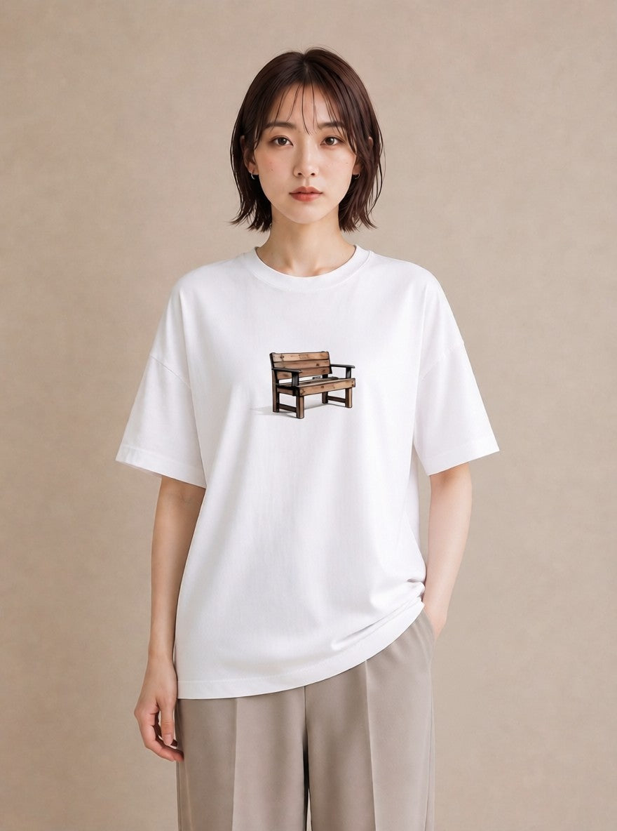 Tシャツ レディース 雨上がりのベンチ ベンチ ナチュラル アンティーク イラスト ポップ 20代 カジュアルコーデ 白T
