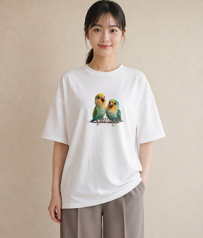 グラフィックTシャツ レディース セキセイインコ ペット 動物 イラスト フェミニン 姉妹 送別ギフト 白T