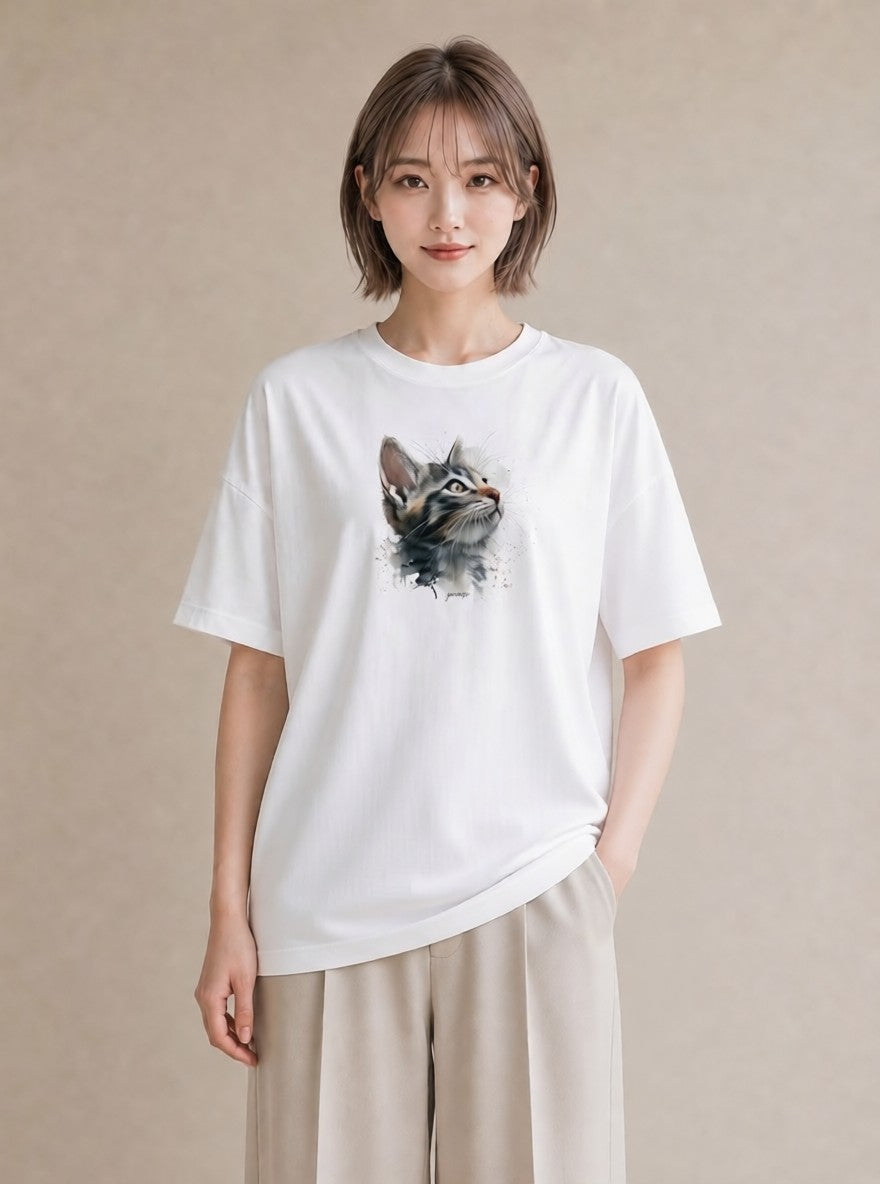 半袖Tシャツ レディース 猫 ねこ イラスト きれいめカジュアル 在宅 公園 白T