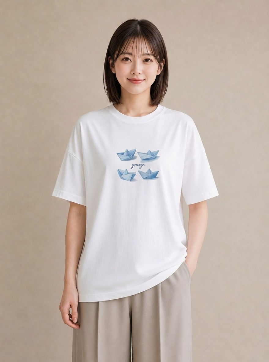 グラフィックTシャツ レディース 紙の船 水辺 ナチュラル アンティーク イラスト ミニマル 社会人 女性 白T