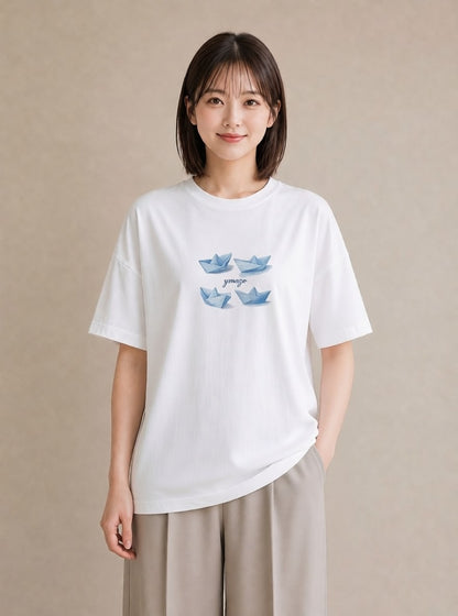 グラフィックTシャツ レディース 紙の船 水辺 ナチュラル アンティーク イラスト ミニマル 社会人 女性 白T