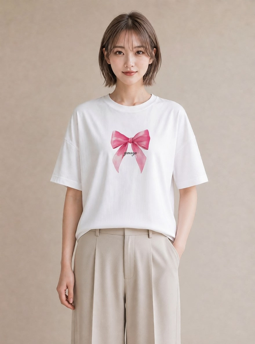Tシャツ レディース リボン 蝶結び ナチュラル アンティーク イラスト ミニマル 春コーデ 姉妹 白T