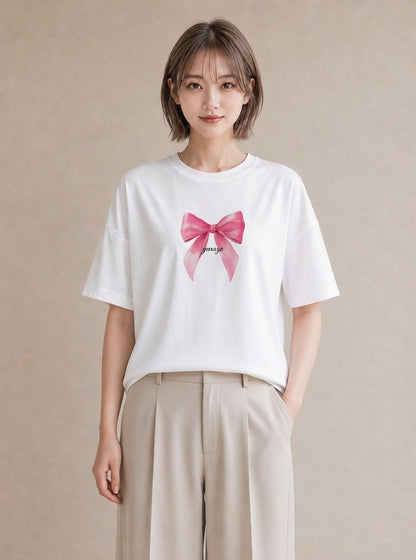 Tシャツ レディース リボン 蝶結び ナチュラル アンティーク イラスト ミニマル 春コーデ 姉妹 白T