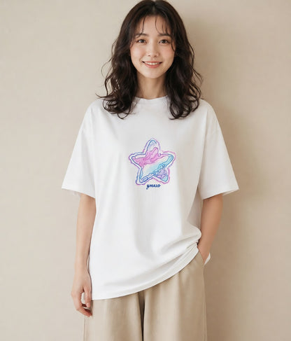 グラフィックTシャツ レディース 星 星空 宇宙 イラスト フェミニン 買い物 夏コーデ 白T