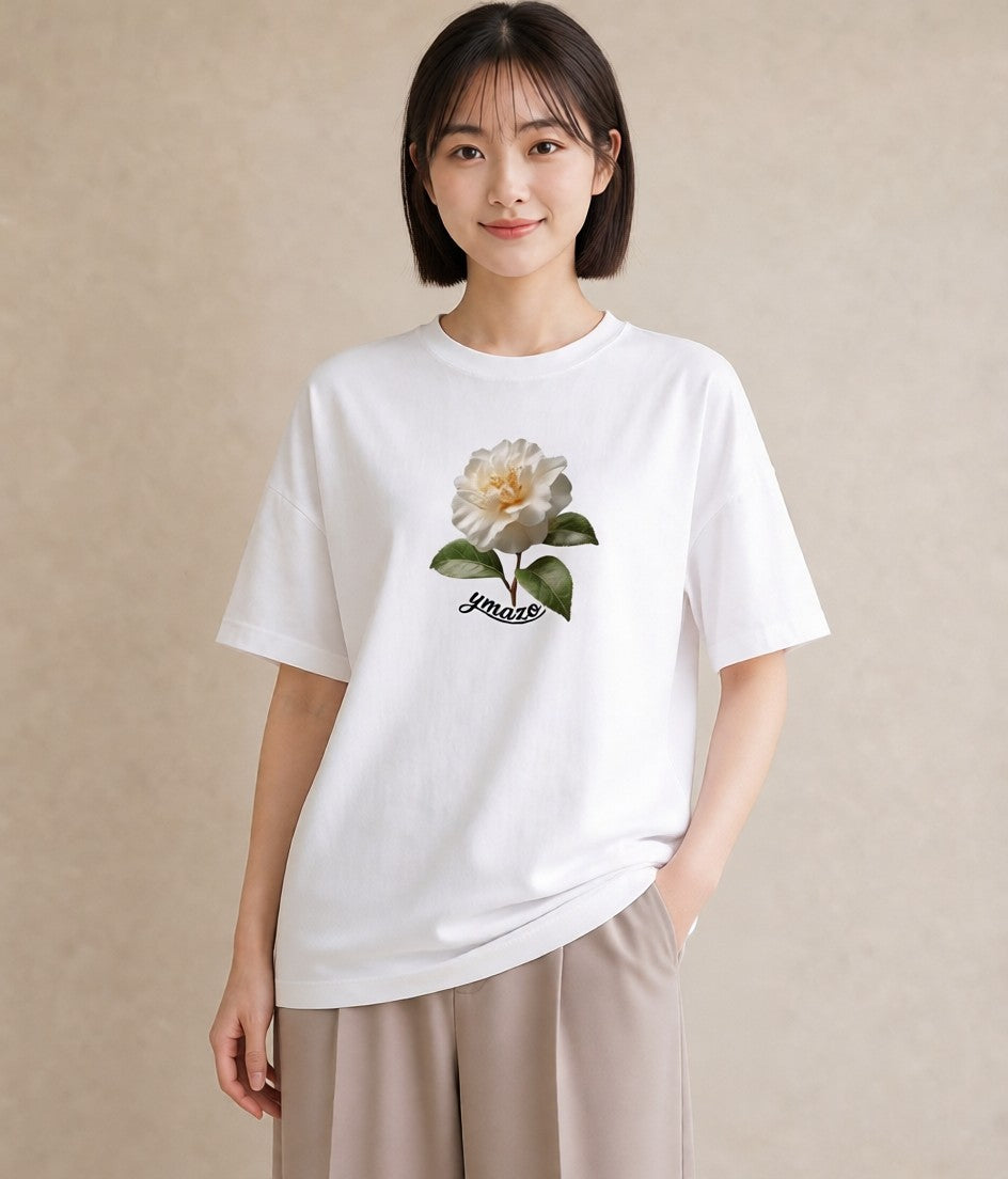 半袖Tシャツ レディース 椿 花 花柄 イラスト ミニマル デイリーウェア 休日 白T