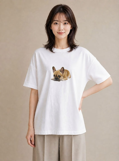 デザインTシャツ レディース フレンチブルドッグ フレブル 犬 いぬ イラスト カフェコーデ 誕生日プレゼント 綿100 白T