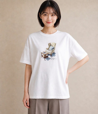 プリントTシャツ レディース 窓辺の椅子 窓辺 椅子 ナチュラル アンティーク イラスト 個性的 女性 旅行用 白T