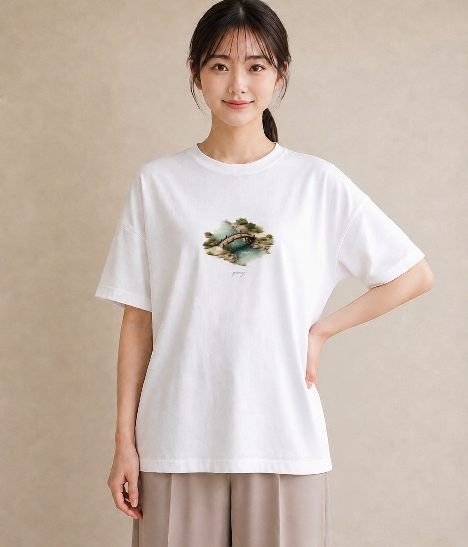 プリントTシャツ レディース 桟橋 水辺 波止場 ナチュラル アンティーク イラスト 韓国風 在宅 公園 白T