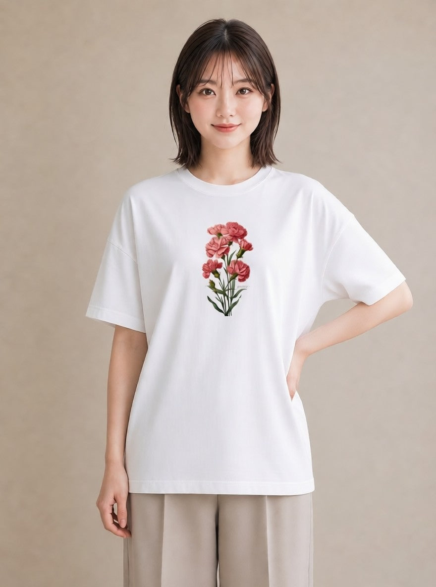 デザインTシャツ レディース カーネーション 花 花柄 イラスト 休日コーデ 春服 ミセス 白T