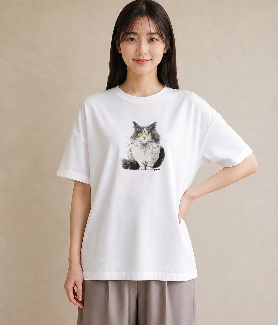 グラフィックTシャツ レディース ブリティッシュショートヘア 猫 ねこ イラスト アート風 秋コーデ おしゃれギフト 白T