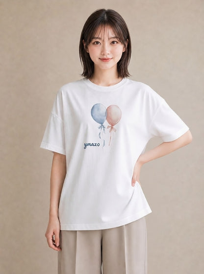 半袖Tシャツ レディース 紙風船 和紙 ナチュラル アンティーク イラスト 個性的 自分用 ルームウェア 白T
