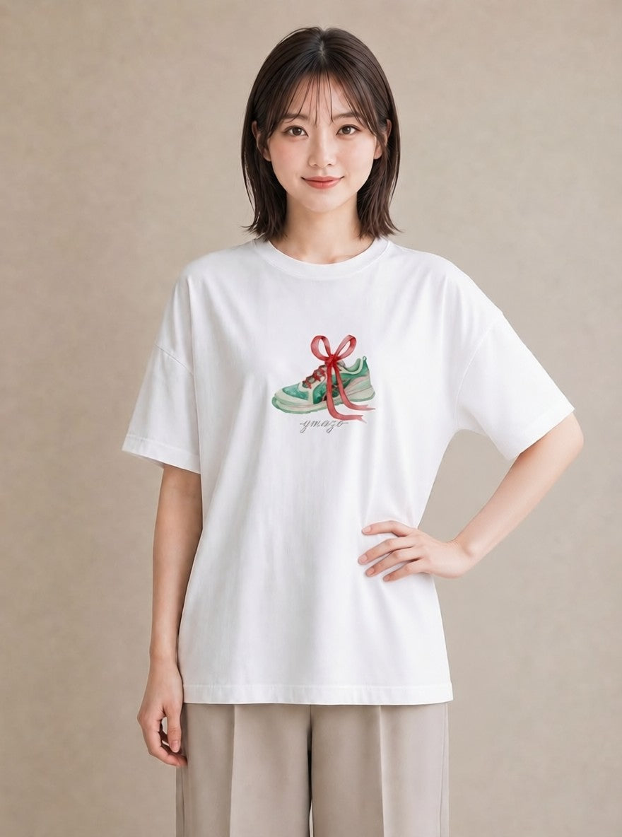 半袖Tシャツ レディース バレエシューズ バレエ トウシューズ ナチュラル アンティーク イラスト ミニマル ホワイトデー 春服 白T