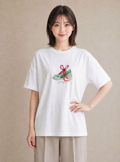半袖Tシャツ レディース バレエシューズ バレエ トウシューズ ナチュラル アンティーク イラスト ミニマル ホワイトデー 春服 白T