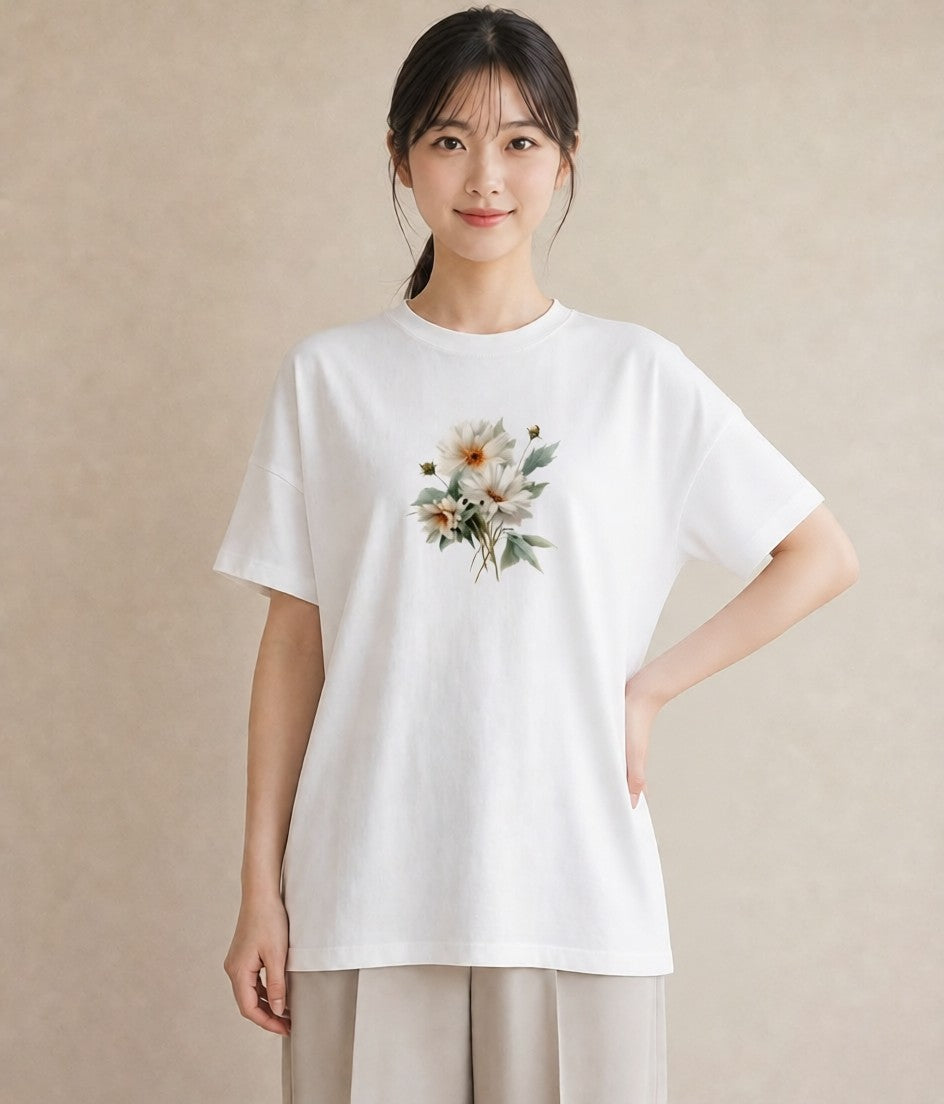 半袖Tシャツ レディース マーガレット 花 花柄 イラスト アート風 旅行 母娘コーデ 白T