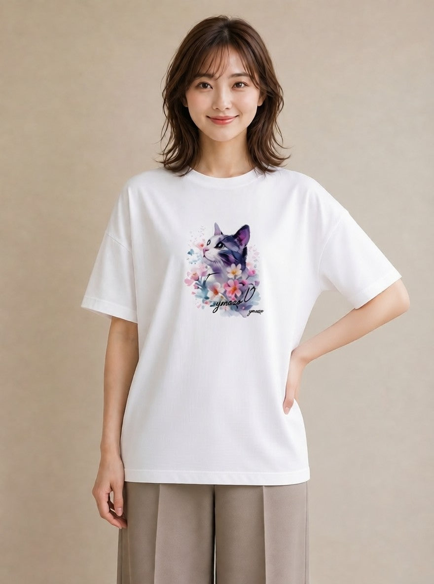半袖Tシャツ レディース ペルシャ 猫 ねこ イラスト 個性的 カフェ服 クリスマス 白T
