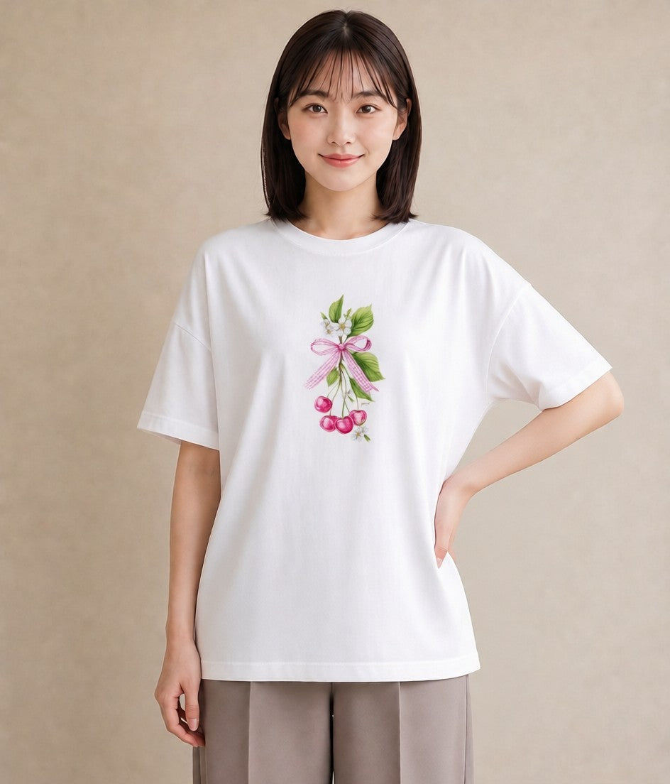 デザインTシャツ レディース さくらんぼ チェリー 食べ物 フード イラスト レトロ 自分用 ルームウェア 白T