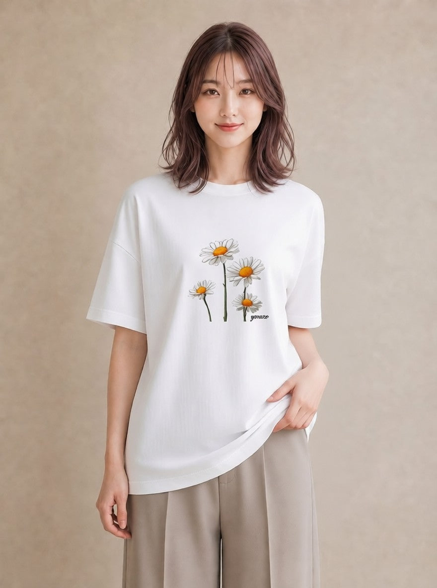 グラフィックTシャツ レディース デイジー 花 花柄 イラスト きれいめ 誕生日プレゼント 綿100 白T