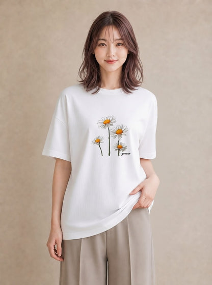 グラフィックTシャツ レディース デイジー 花 花柄 イラスト きれいめ 誕生日プレゼント 綿100 白T