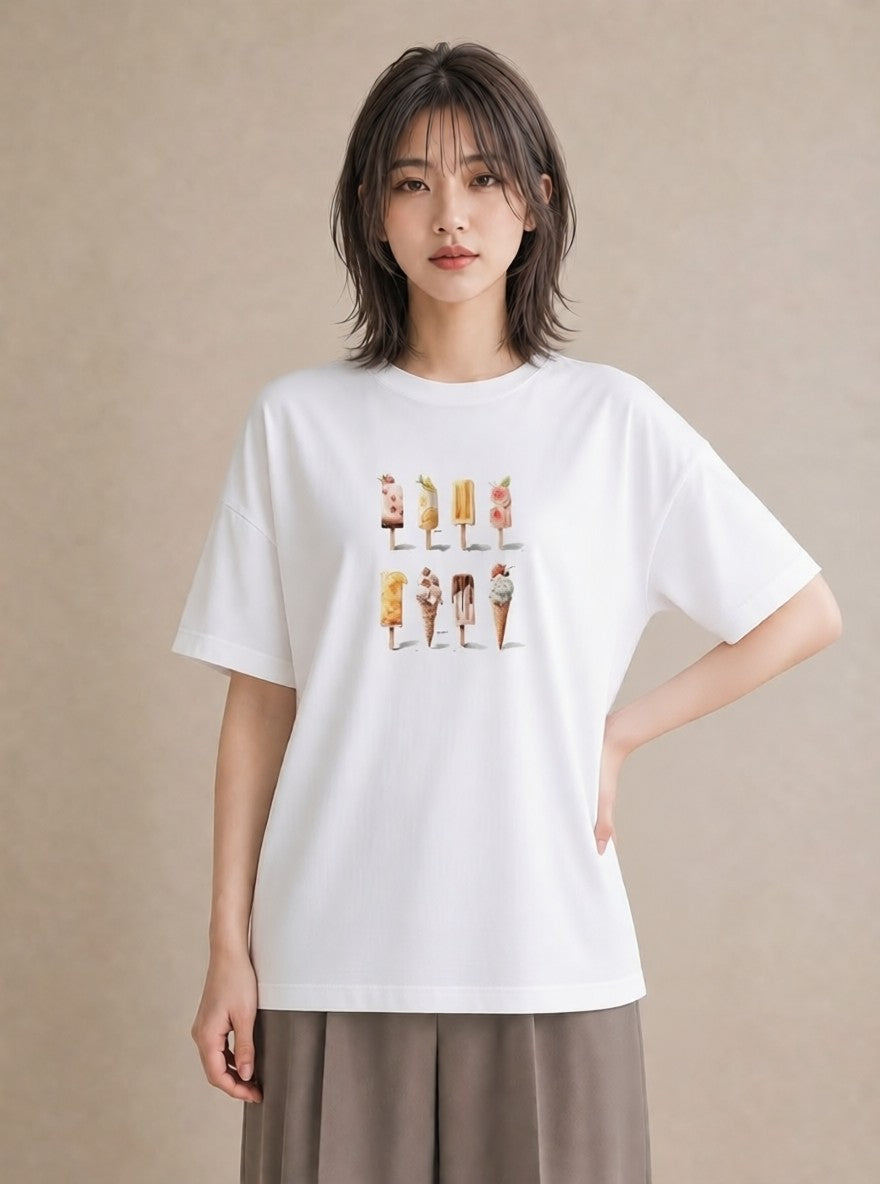 半袖Tシャツ レディース アイス 食べ物 フード イラスト ゆるコーデ ママ カフェ服 白T
