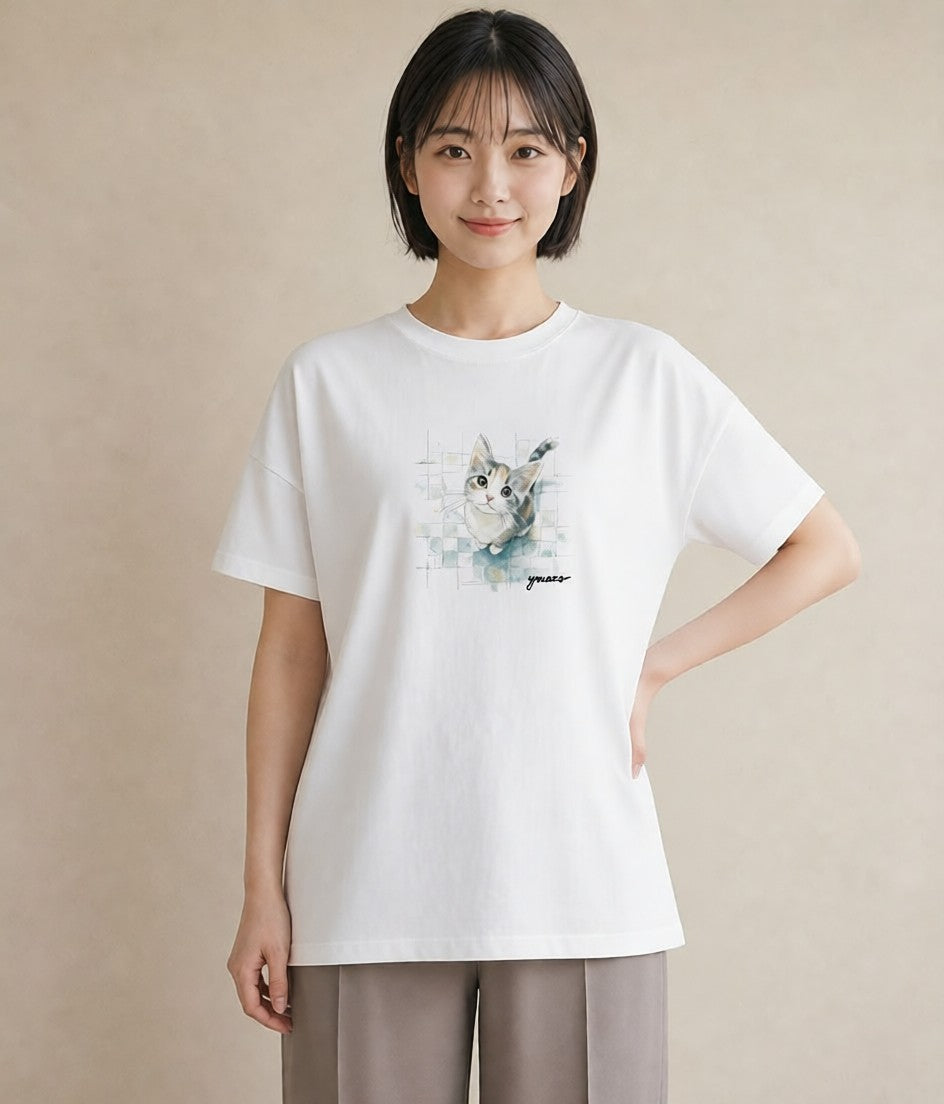 Tシャツ レディース ぶち猫 猫 ねこ イラスト ニュアンス 誕生日プレゼント 綿100 白T