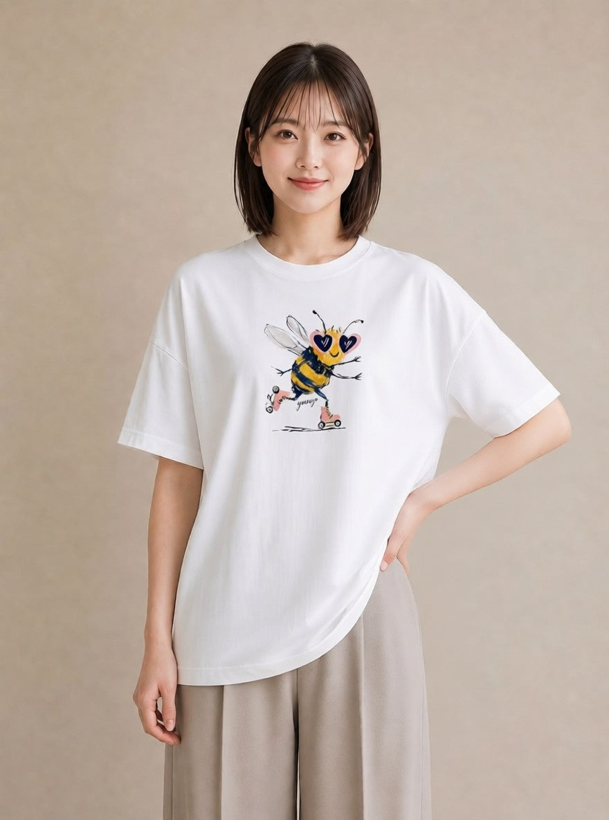Tシャツ レディース みつばち 昆虫 虫 イラスト シンプル 帰省 ラフ 白T