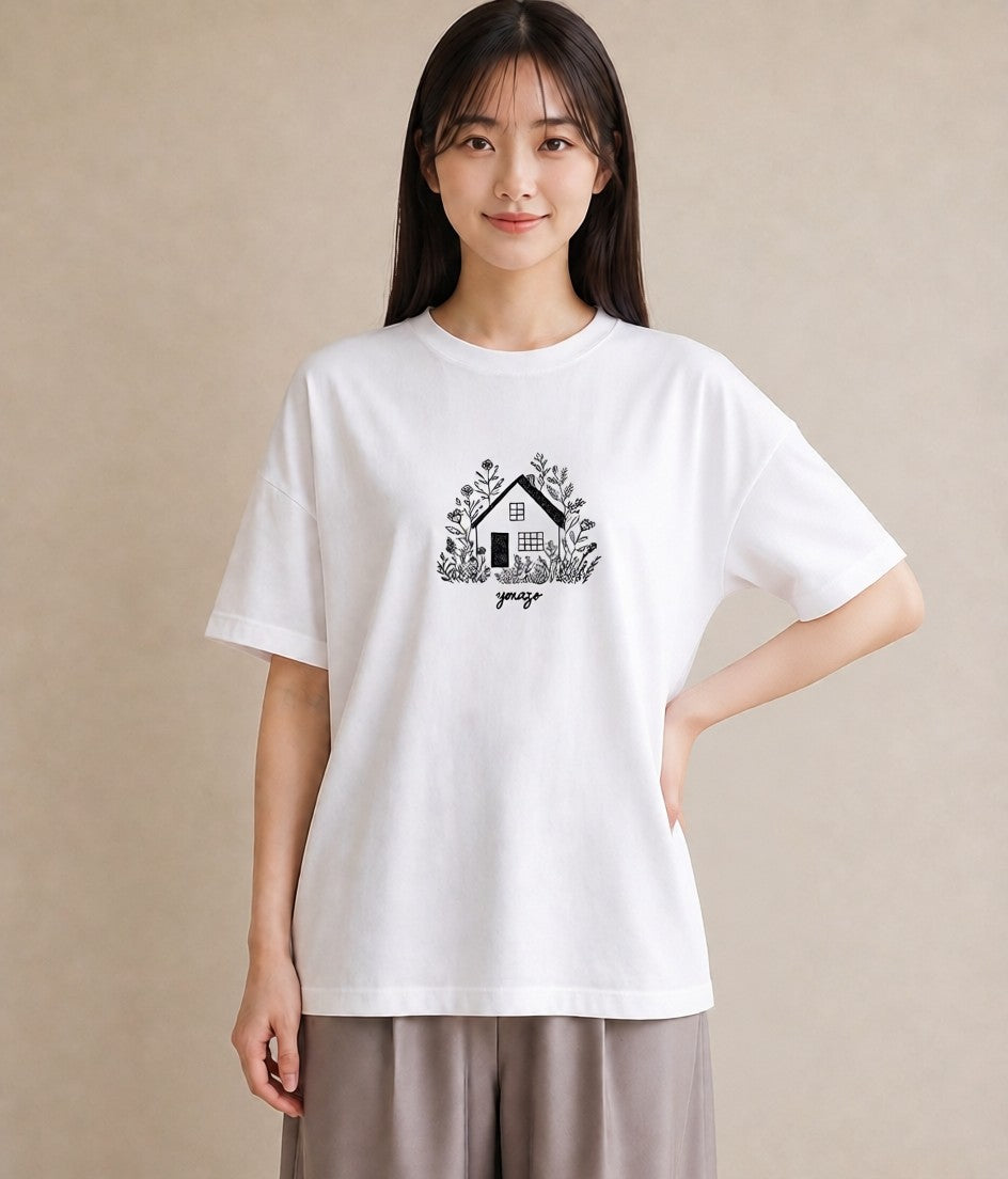 半袖Tシャツ レディース 湖畔の小屋 湖 小屋 ナチュラル アンティーク イラスト レトロ 秋コーデ おしゃれギフト 白T