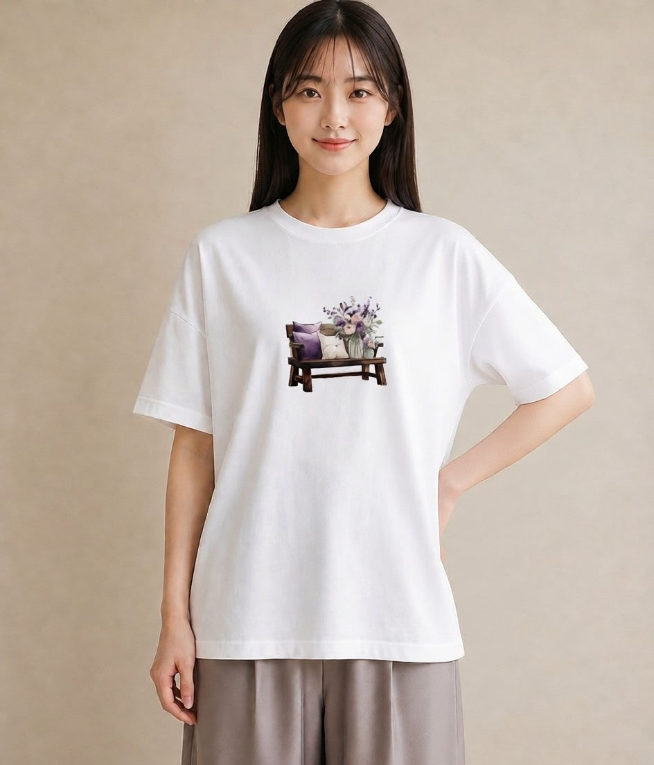 Tシャツ レディース 雨上がりのベンチ ベンチ ナチュラル アンティーク イラスト ミニマル 自分用 ルームウェア 白T