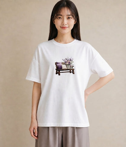 Tシャツ レディース 雨上がりのベンチ ベンチ ナチュラル アンティーク イラスト ミニマル 自分用 ルームウェア 白T