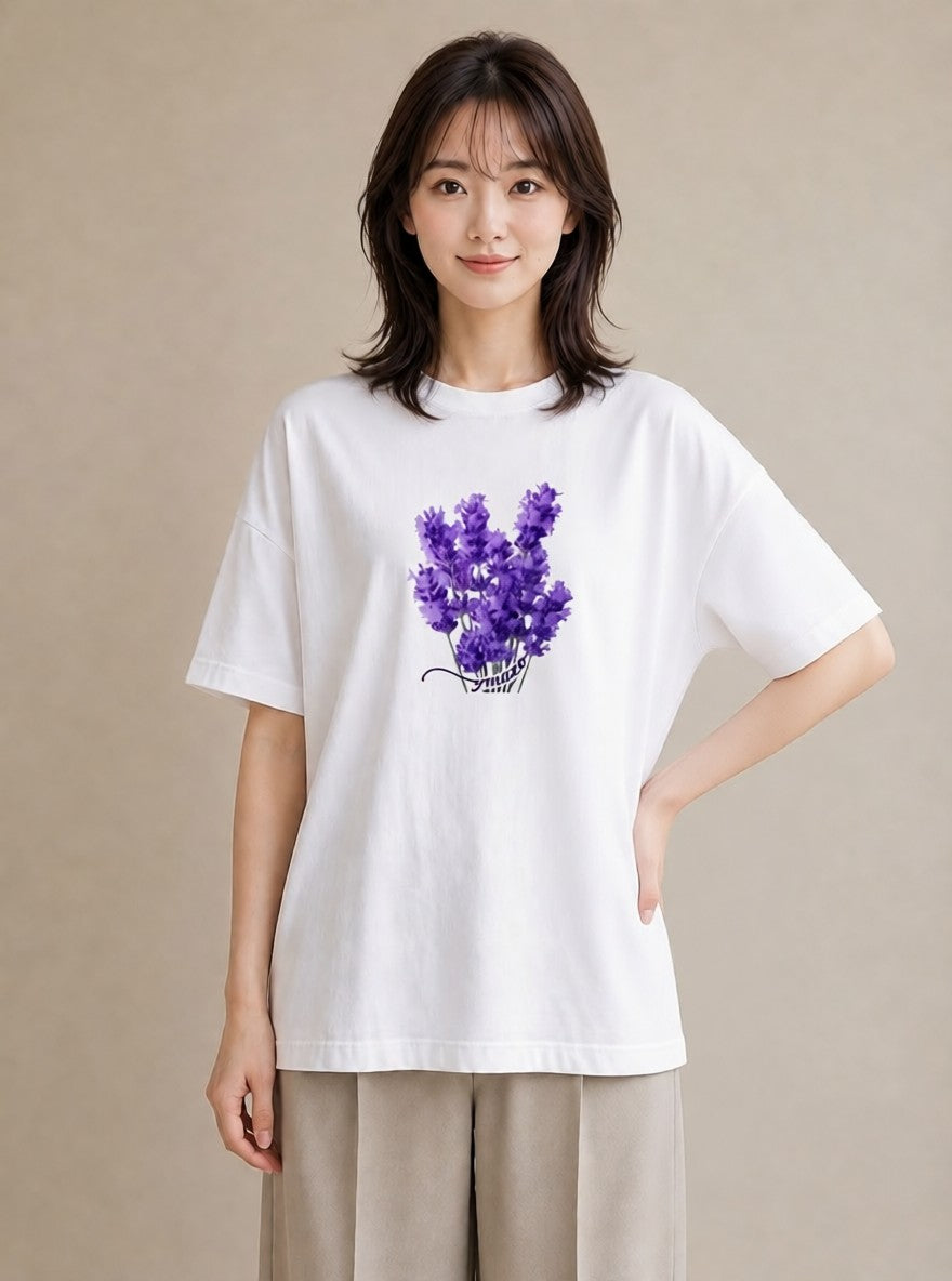 半袖Tシャツ レディース ラベンダー 花 花柄 イラスト 韓国風 誕生日プレゼント 綿100 白T
