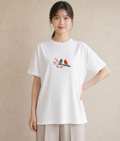 Tシャツ レディース 遠い家と鳥 風景 鳥 ナチュラル アンティーク イラスト 抜け感 母娘コーデ 自分用 白T