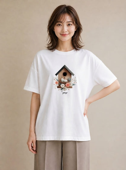 デザインTシャツ レディース 遠い家と鳥 風景 鳥 ナチュラル アンティーク イラスト ミニマル 綿100 デート 白T