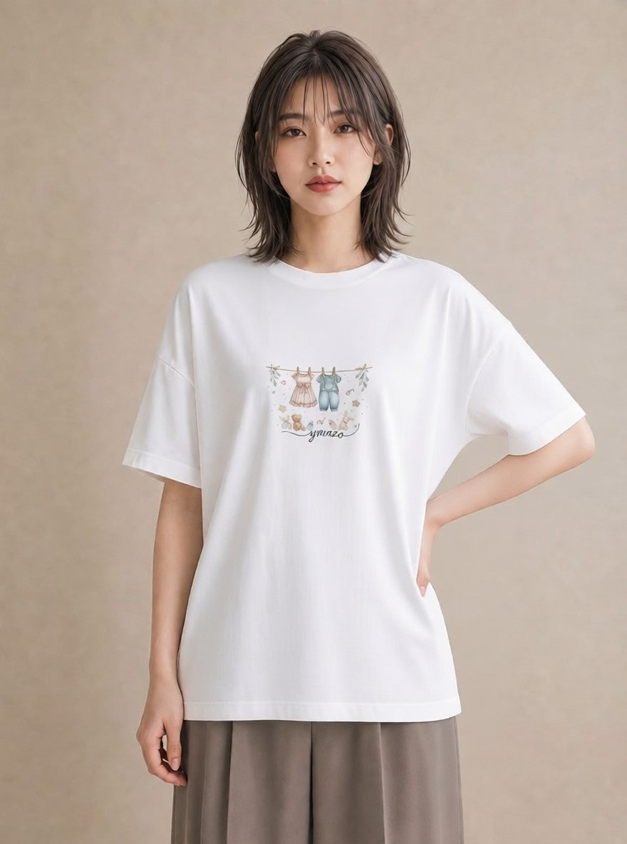 半袖Tシャツ レディース 洗濯物 風 ナチュラル アンティーク イラスト きれいめ レイヤード 友達ギフト 白T