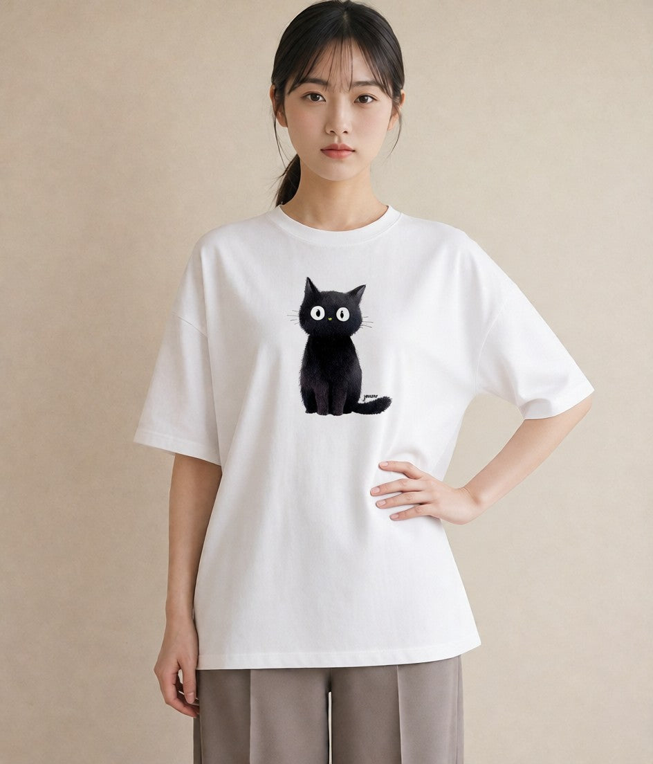 Tシャツ レディース 黒猫 猫 ねこ イラスト 旅行コーデ 海 カフェ巡り 白T