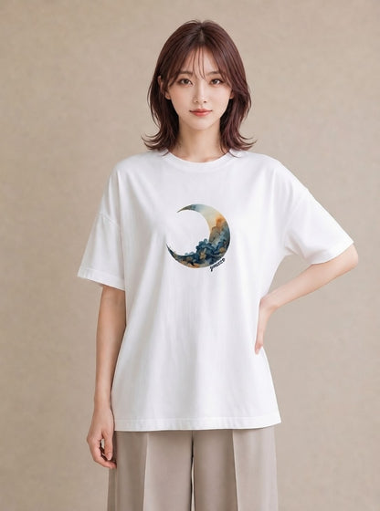 グラフィックTシャツ レディース 青の水彩 風景 ブルー ナチュラル アンティーク イラスト ゆるコーデ 自分用 ルームウェア 白T