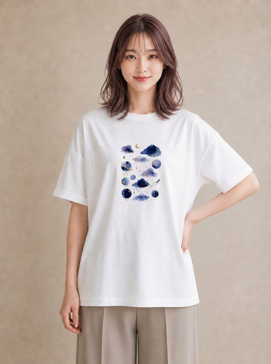 グラフィックTシャツ レディース 蟹座 星空 宇宙 イラスト カフェコーデ 旅行 母娘コーデ 白T