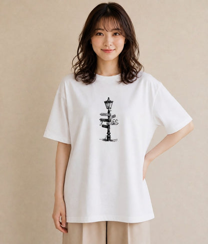 プリントTシャツ レディース 街灯 夜霧 夜 ナチュラル アンティーク イラスト 敬老の日 ホワイトデー 白T