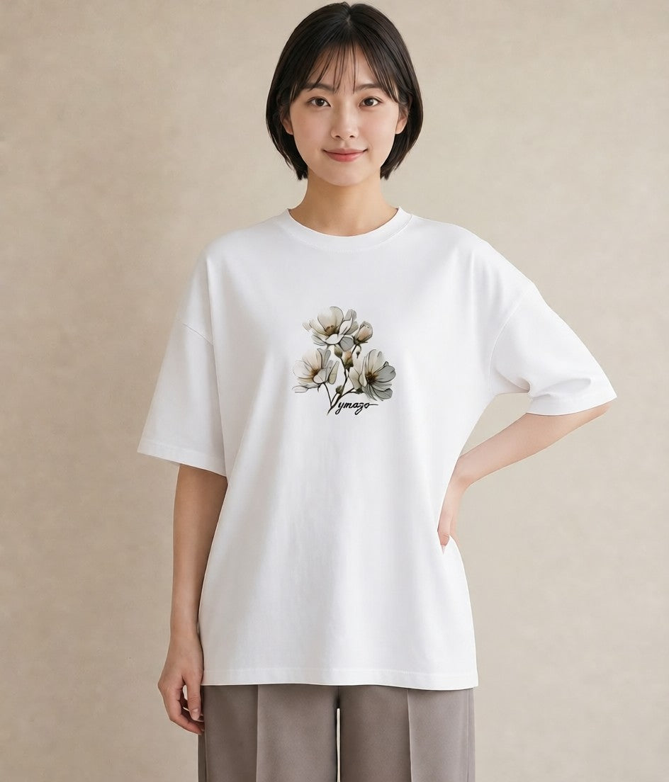 グラフィックTシャツ レディース 椿 花 花柄 イラスト ニュアンス ラフ レイヤード 白T